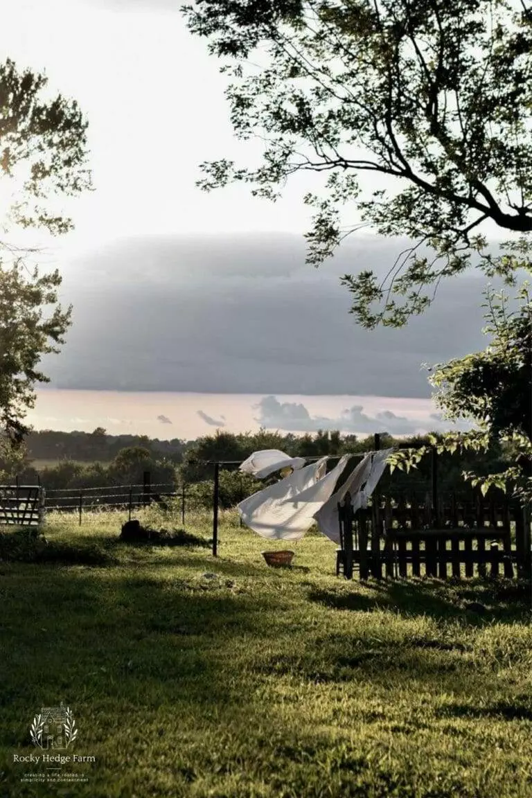 White sheets hanging on the line blowing in the breeze at sunset