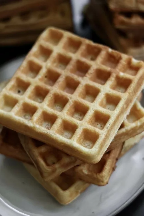 Close-up of a crispy waffle.