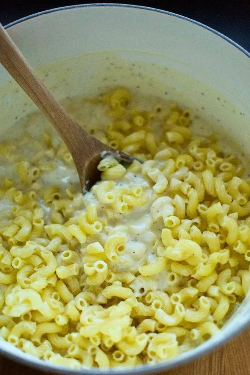 homemade mac and cheese in a dutch oven